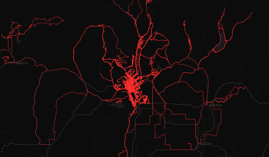 A dense web of red GPS lines covering the trails and roads around Durango, Colorado.