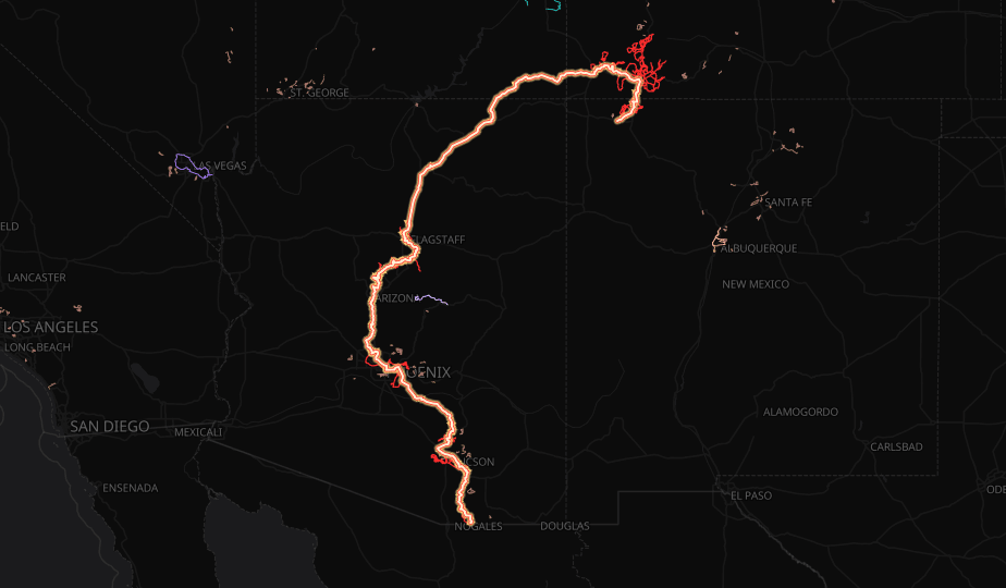 The same network zoomed out across the Four Corners, with one continuous route highlighted in glowing cream from the Arizona border to Farmington, New Mexico.